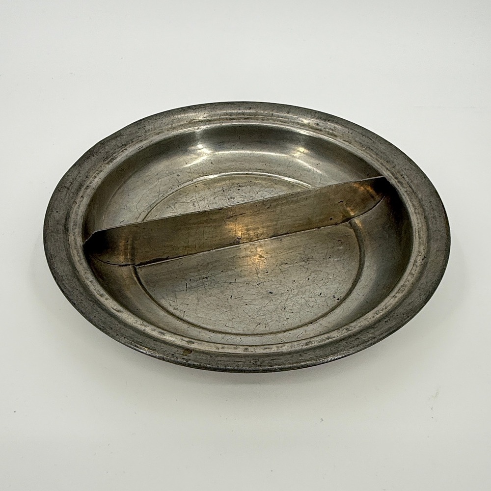R.H. Macy & Co Solid Pewter #486 Vintage Divided Serving Dish Round Tray 9.5in